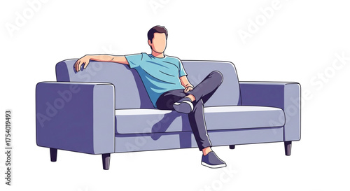 A man is sitting on a couch, , with his arm resting on the back of the couch and his legs crossed comfortably