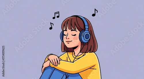 A young woman with brown hair and headphones is blissfully listening to music, eyes closed, surrounded by musical notes