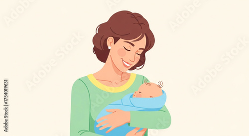 A happy mother is holding her newborn baby in her arms, looking at him with love and tenderness