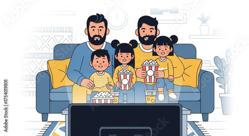 A happy family enjoys watching television together on the sofa, sharing popcorn and creating lasting memories