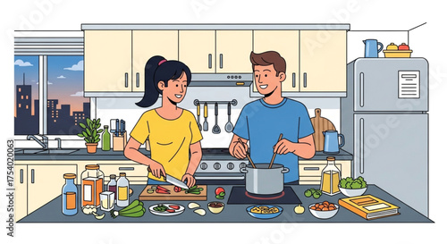 A couple is cooking together in a kitchen, with various ingredients and utensils on the counter, and a city view outside the window
