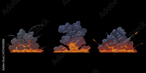 Explosion element set vector with grey smoke isolated on black background