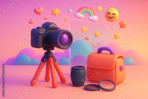 Colorful cartoon-style DSLR camera setup with accessories, hearts, stars, and rainbow on dreamy abstract pastel background, concept of photography fun. Ai generative