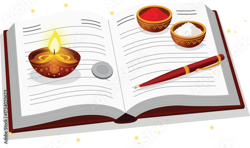 Diwali Lamp and Kumkum on Open Book Labhpacham Puja Illustration