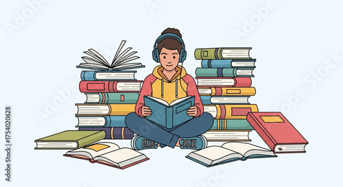 A student with headphones is sitting crosslegged reading a book with a stack of books behind them