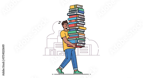A man is carrying a stack of books in front of a building, symbolizing the burden of knowledge