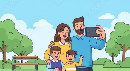 A happy family is taking a selfie in the park with trees and blue sky in the background they are smiling and posing for the camera