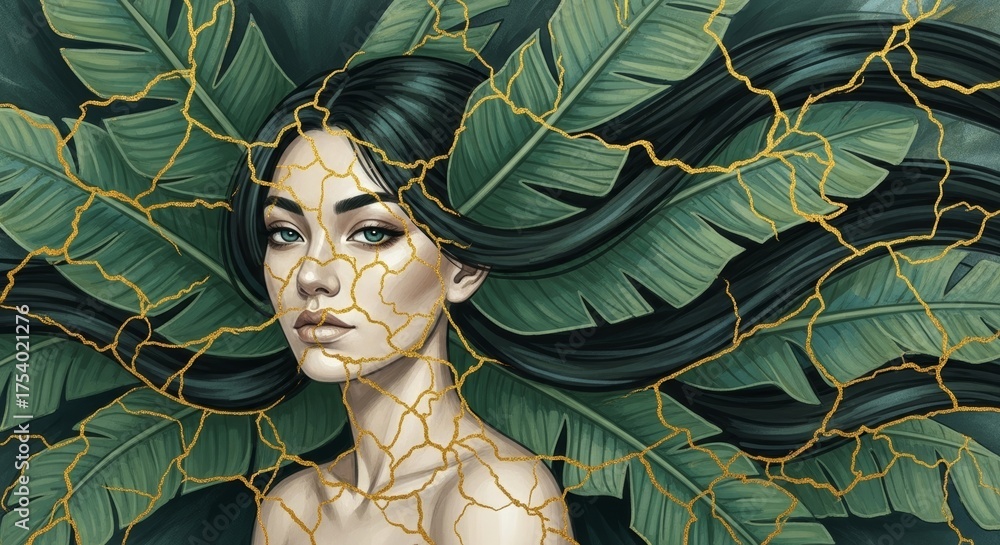 Obraz premium Beautiful woman as Mother Nature with hair of flowing green leaves. Kintsugi-style golden cracks adorn her skin, symbolizing resilience. Surreal, ecological art.