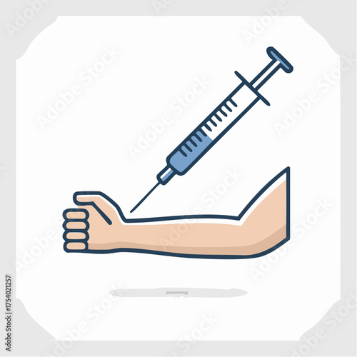 Vector illustration depicting a medical injection procedure with a syringe on a human arm, symbolizing vaccination, health treatment, or blood draw for clinical diagnostics and preventative medicine