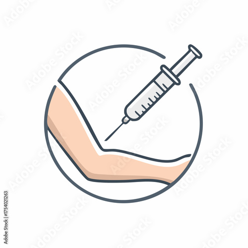 Medical injection illustration, concept of vaccination or medical treatment with a syringe in an arm, healthcare symbol