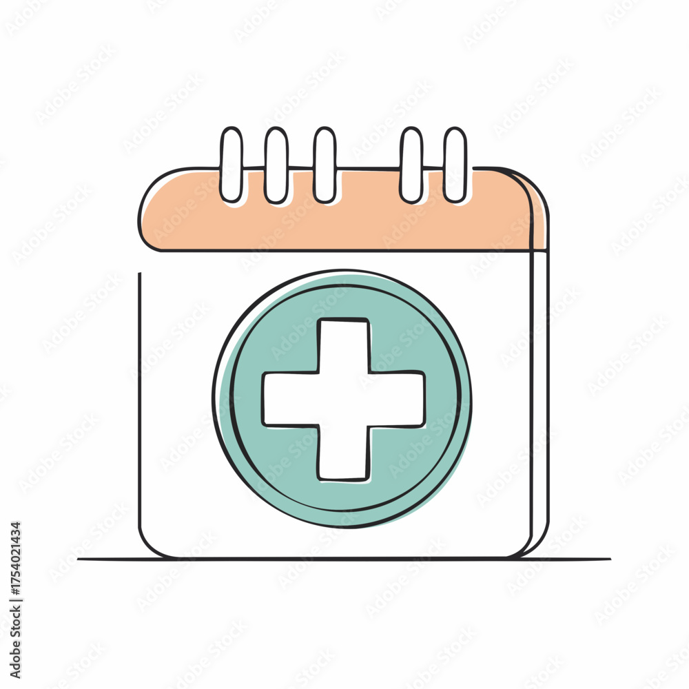 Fototapeta premium Clean line art calendar icon symbolizing medical appointments, health scheduling, and wellness planning. Features a prominent teal cross for healthcare management and timely doctor visits
