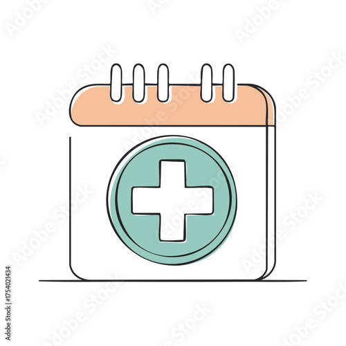 Clean line art calendar icon symbolizing medical appointments, health scheduling, and wellness planning. Features a prominent teal cross for healthcare management and timely doctor visits