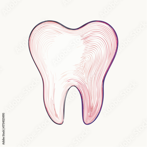 Hand-drawn illustration of a single tooth with a stylized, artistic flair and vibrant red and purple lines on a light background