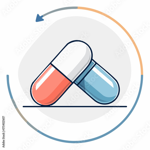 A conceptual representation of two medication capsules within a circular process, symbolizing continuous treatment, daily health management, and the cyclical nature of therapeutic regimens