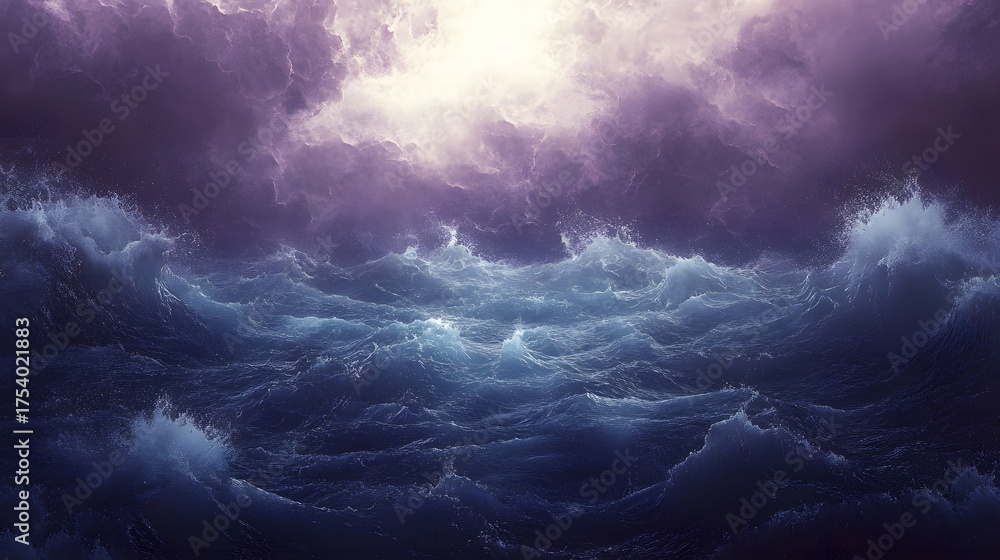 Fototapeta premium A stormy sea with dark clouds and a bright light shining through.