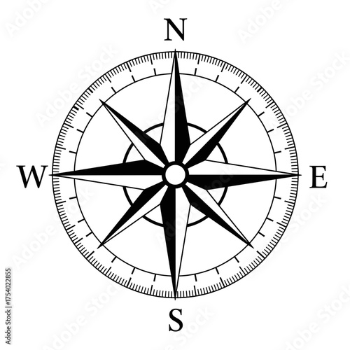 Compass Rose Silhouette Vector – Black and White Navigation Symbol for Travel and Direction Design
