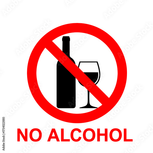 No Alcohol Sign Vector – Prohibition Symbol with Bottle and Glass in Red Circle
