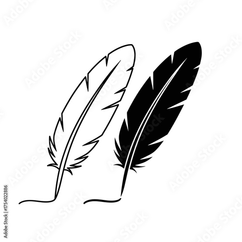 Elegant Feather Quill Silhouette Vector – Black and White Pen Ink Drawing for Art and Design