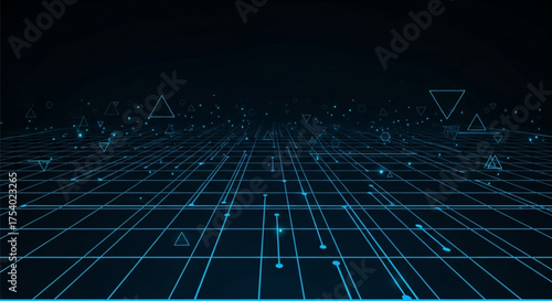 A futuristic grid landscape with glowing blue lines and geometric shapes, creating a sense of depth and perspective in a digital and technological environment