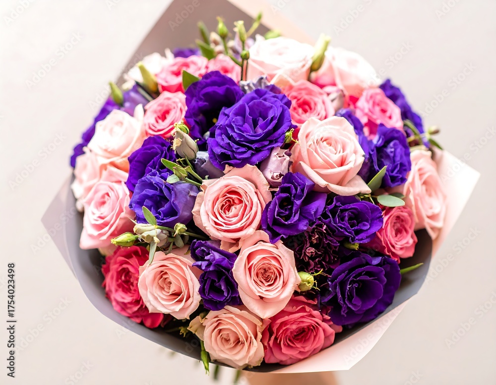 Obraz premium Bouquet of Colorful Roses and Eustoma Wrapped in Paper