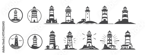  lighthouse silhouette icons set logo black beacon light