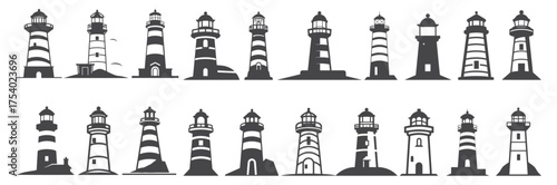 lighthouse silhouette icons set logo black beacon light