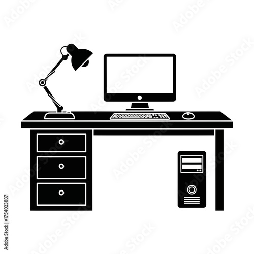 Office Desk Silhouette Vector – Computer Table with Lamp, Monitor, and Drawer Design