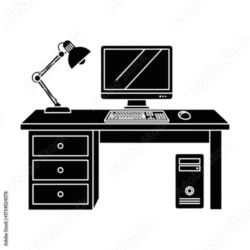 Office Desk Silhouette Vector – Computer Table with Lamp, Monitor, and Drawer Design