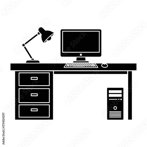 Office Desk Silhouette Vector – Computer Table with Lamp, Monitor, and Drawer Design