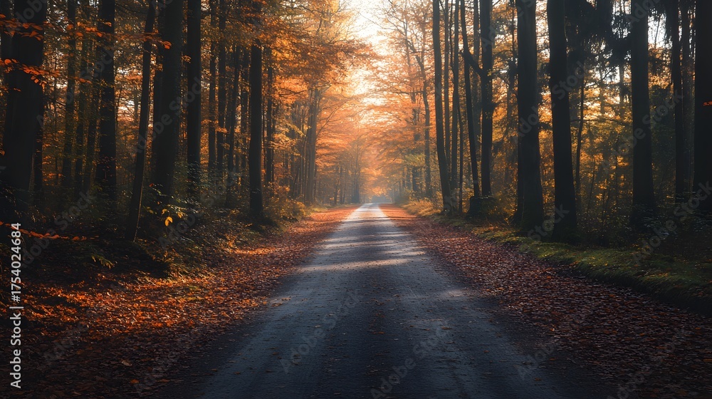 Fototapeta premium A winding road through a misty forest with golden autumn leaves.