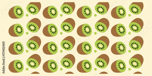 Playful flat colored kiwi seamless pattern with bright green slices, perfect for tropical, fruit, and healthy design projects.