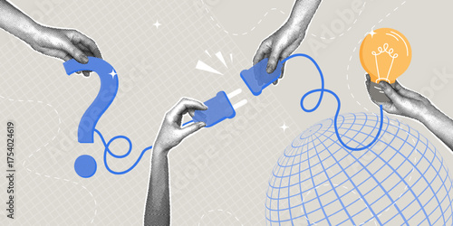 Global problem solving from question to idea.Trendy halftone collage.Businessman connects a question mark with a light bulb. Concept of the problem-solving process, creative thinking, problem solving.