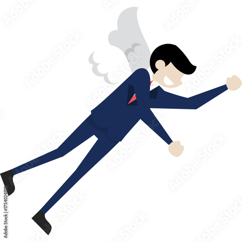 Pixelated Man In A Blue Suit With Wings Flying With Arms Outstretched In A Joyful Pose Against A White Background