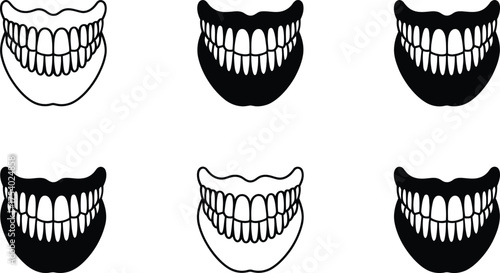 Six Stylized Mouths with Teeth, Outline and Solid