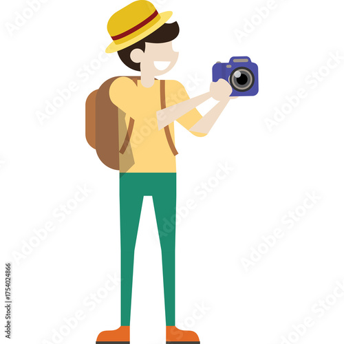 Pixelated Tourist Man with Camera and Backpack Takes Photo Outdoors Wearing Yellow Hat Yellow Shirt Green Pants Orange Shoes Isolated on Transparent Background
