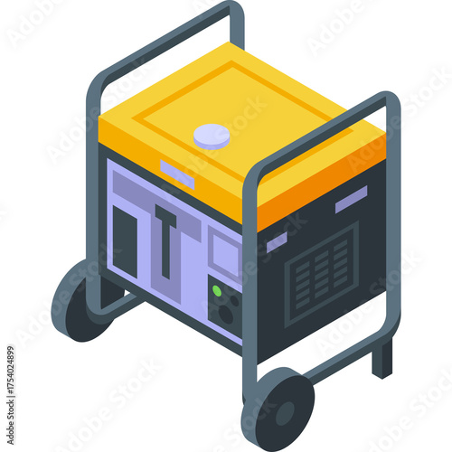 Portable Generator on Wheels Yellow and Gray Isometric Illustration Isolated on Transparent Background for Logistics and Delivery Services