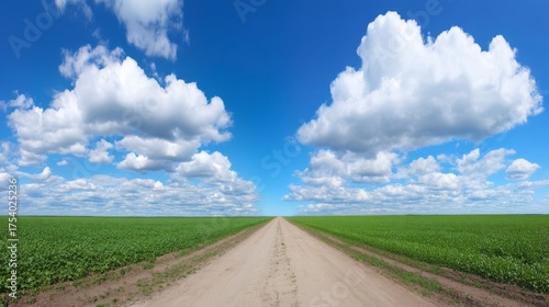 A rural landscape with a vibrant blue sky and fluffy white clouds frames an endless dirt road leading to the horizon,