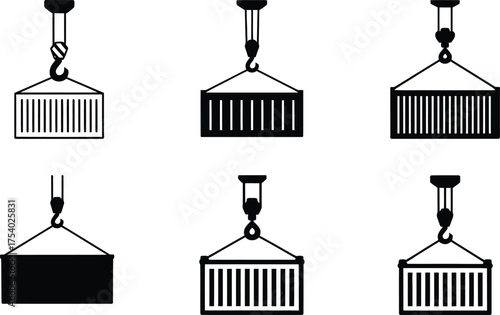 Set of Icons Depicting Shipping Containers Being Lifted by Cranes