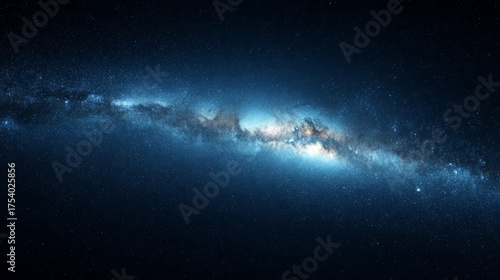 A stunning view of the Milky Way galaxy showcasing its central band with glowing regions of dense gas and dust illuminat