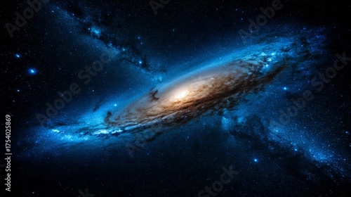 A mesmerizing spiral galaxy enveloped in radiant celestial dust drifts through the vast cosmos,
