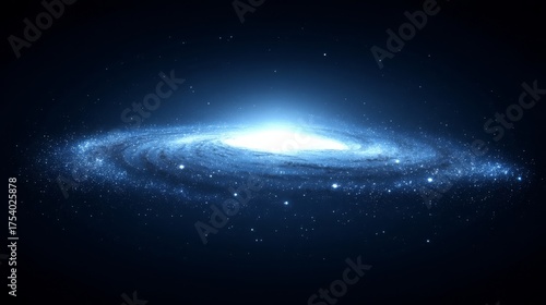 A detailed illustration of a spiral galaxy with a bright core and swirling arms composed of stars and cosmic dust,