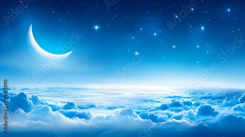 Expansive view of a starry night sky with a crescent moon, twinkling stars, deep blue hues fading to lighter tones,