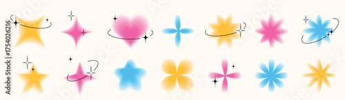 Trendy Y2K blurred objects, flowers, stars, heart and sparks. Group of retro graphic design elements with decorative stars and black frames.