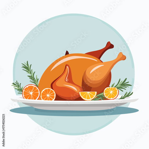 A roasted turkey on a white plate with oranges and herbs, served on a table with a Thanksgiving feast theme in a warm and inviting flat illustration style.
