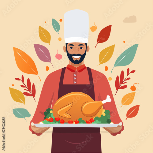 A cheerful chef presenting a roasted turkey on a platter with colorful fall leaves, wearing a white hat and apron, against a warm beige background with a festive Thanksgiving feast