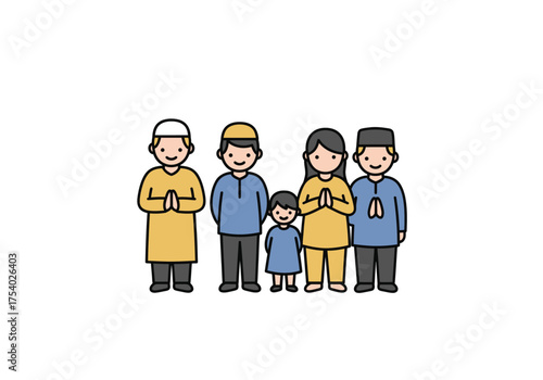 A cartoon illustration of a Muslim family, including parents and children, dressed in traditional attire, showing a respectful greeting gesture.