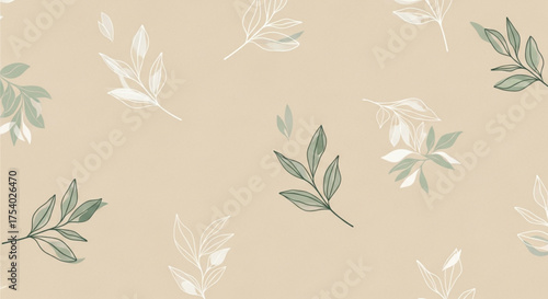 A delicate botanical pattern with soft green and white leaves creates a serene and elegant background, ideal for adding a touch of nature to designs