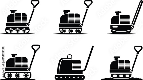Set of Six Black and White Compactor Machine Icons