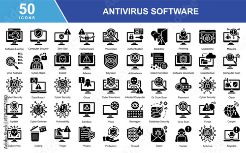 A collection of Antivirus Software-themed icons covering various elements such as Software License, Computer Security, Virus Scan, Firewall, Malware, Ransomware, Phishing, Authentication, Data Encrypt