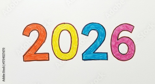 Hand-drawn Colorful Numbers 2026 on White Textured Background